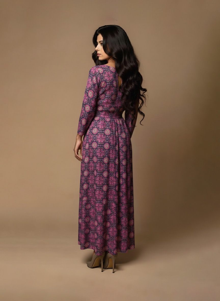 “Magenta printed maxi dress for women – long cotton floral maxi with V-neckline and flared hem by Ivory by Radhika.”