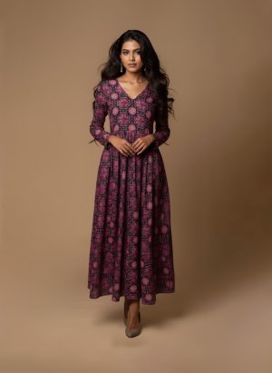 “Magenta printed maxi dress for women – long cotton floral maxi with V-neckline and flared hem by Ivory by Radhika.”