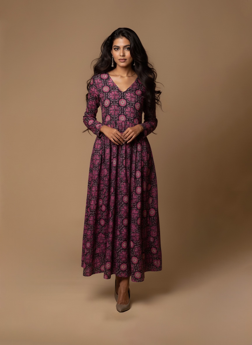 “Magenta printed maxi dress for women – long cotton floral maxi with V-neckline and flared hem by Ivory by Radhika.”