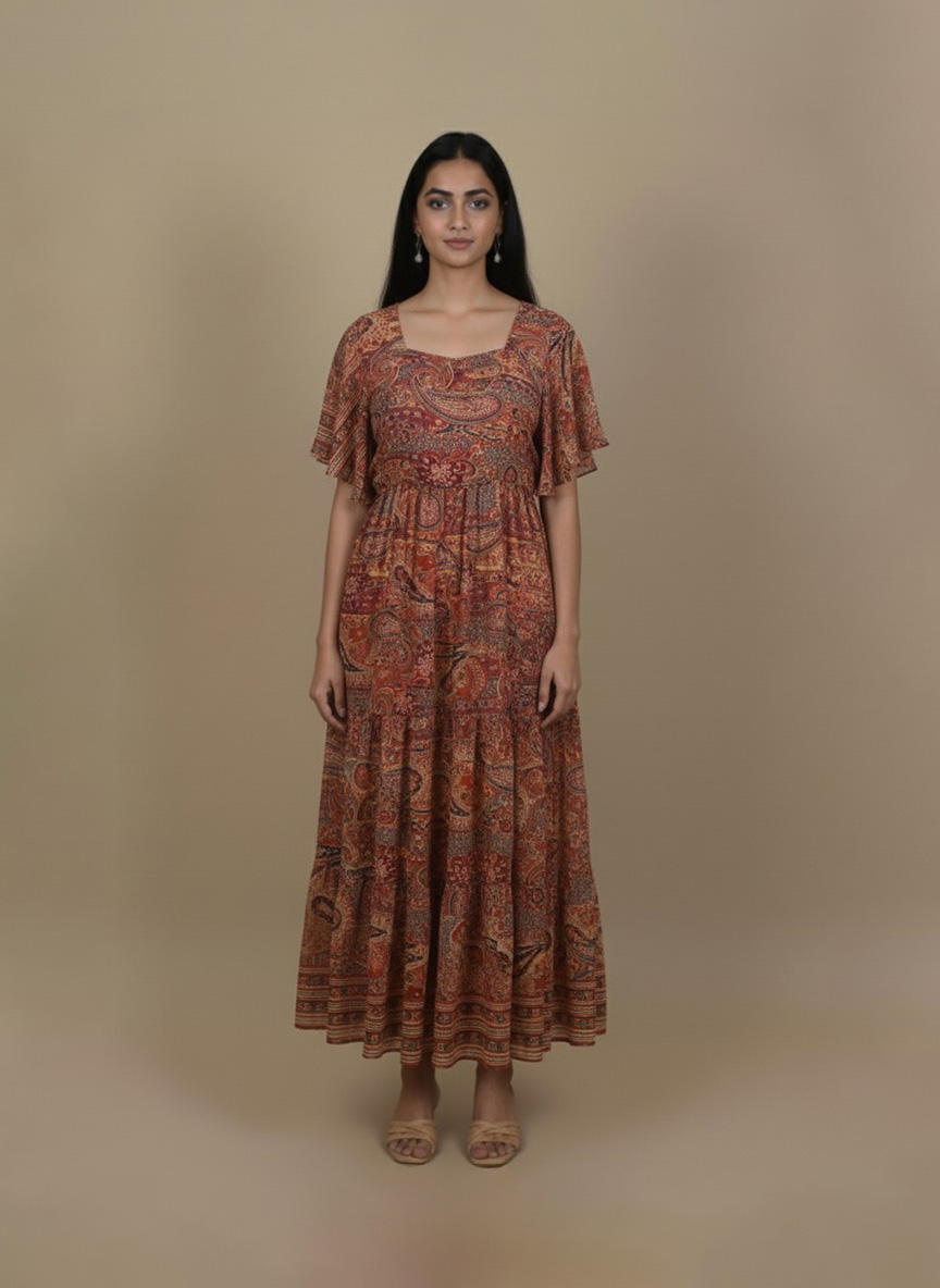 Rust Paisley Maxi Dress for Women | Ivory by Radhika
