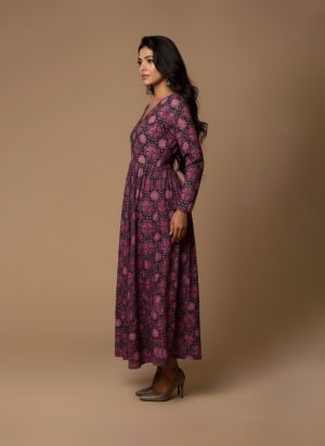 “Magenta printed maxi dress for women – long cotton floral maxi with V-neckline and flared hem by Ivory by Radhika.”