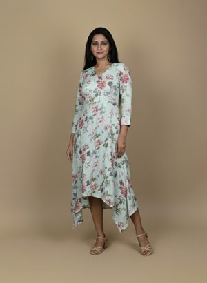 Floral high low dress for women with V-neck and 3/4 sleeves, front view.
