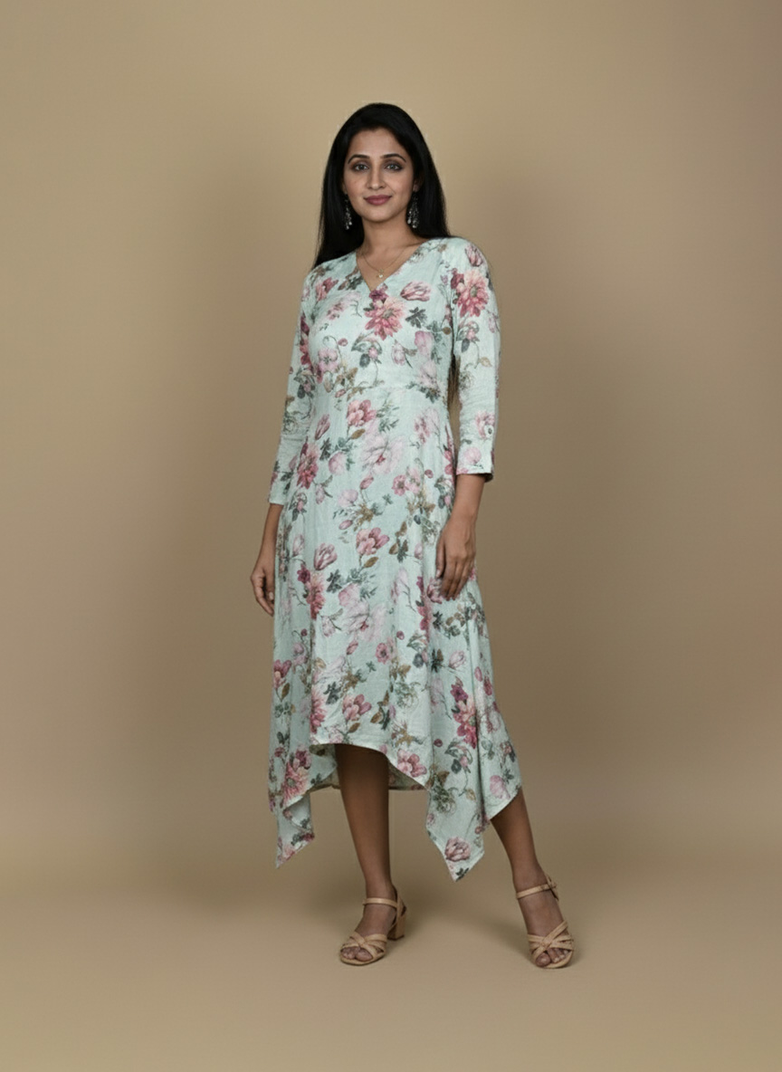 Floral high low dress for women with V-neck and 3/4 sleeves, front view.