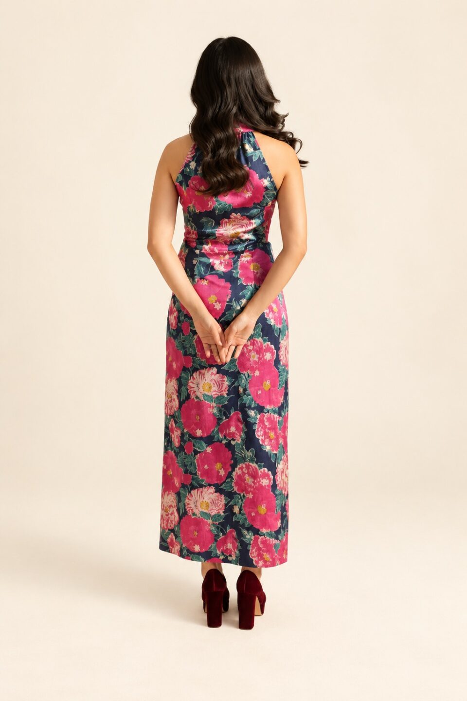 Navy floral halter maxi dress with pink blooms, full-length back view