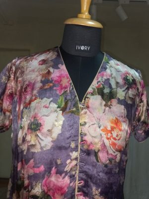 Purple floral kurta set for women – cotton co-ord with pink flower print and short-sleeved kurta by Ivory by Radhika.