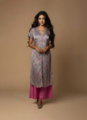 Grey pink kurta set for women – cotton floral printed co-ord with V-neck kurta and pink pants by Ivory by Radhika.