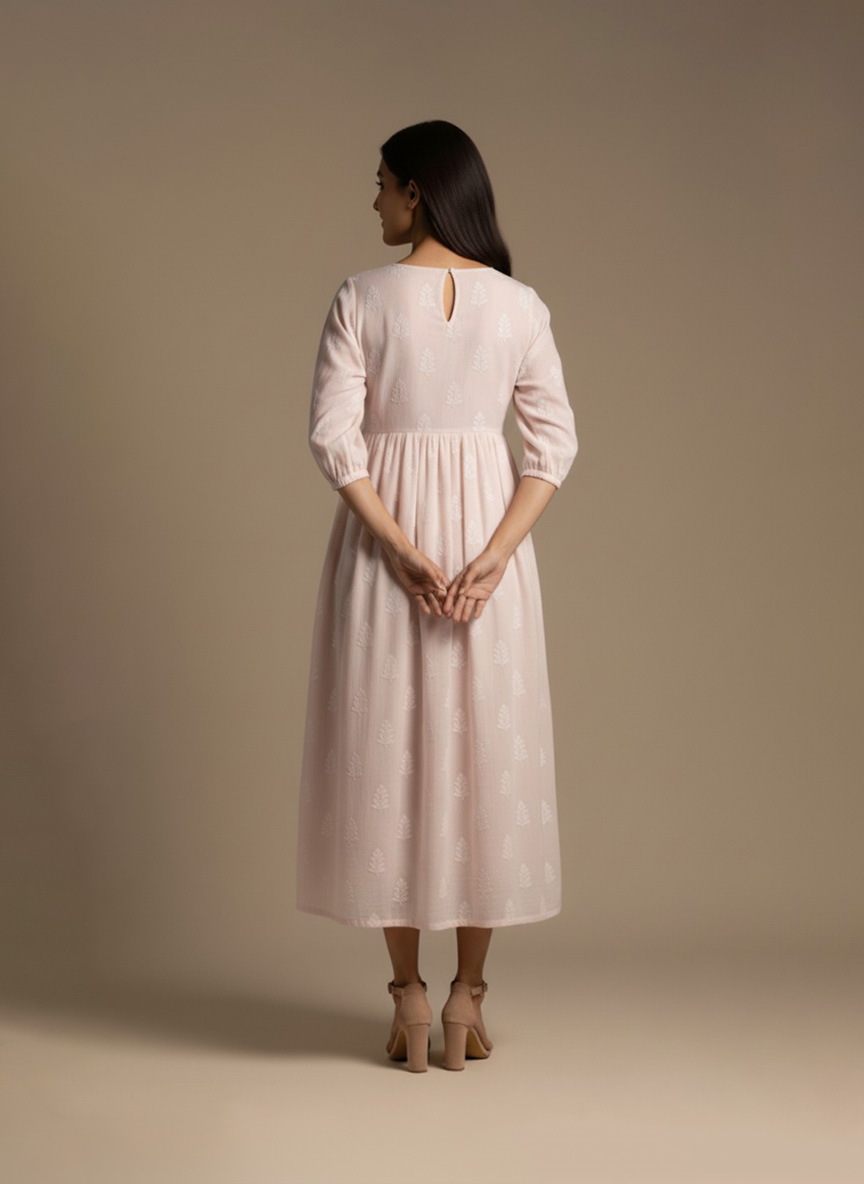 blush pink embroidered cotton midi dress front view on model – Ivory by Radhika