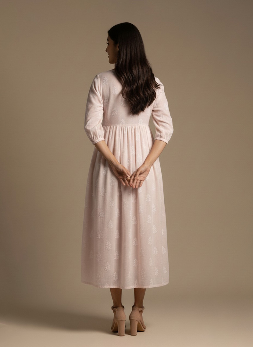 blush pink embroidered cotton midi dress front view on model – Ivory by Radhika