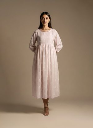 blush pink embroidered cotton midi dress front view on model – Ivory by Radhika