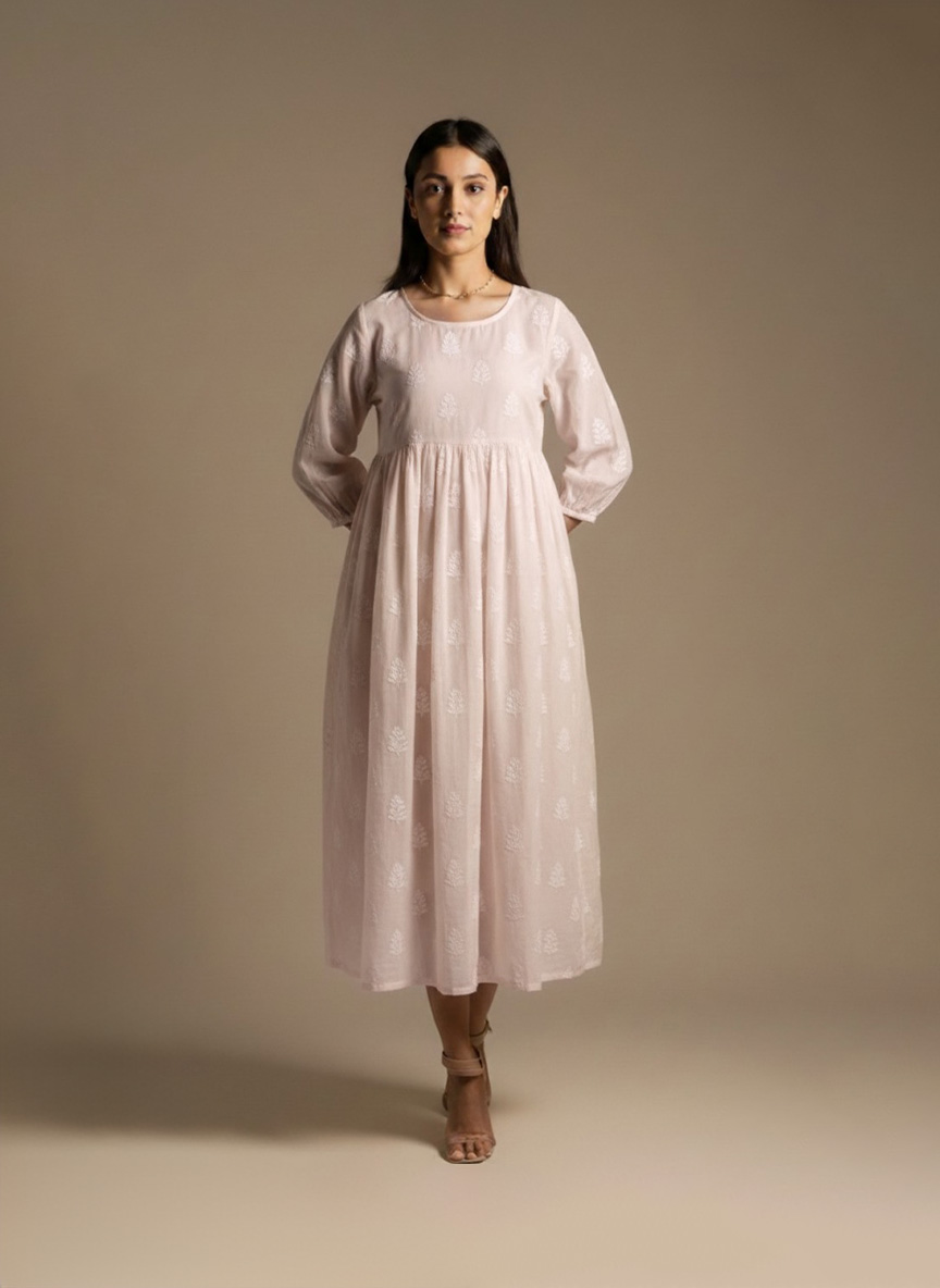 blush pink embroidered cotton midi dress front view on model – Ivory by Radhika