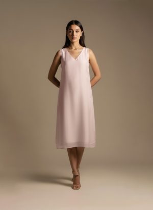 blush pink embroidered cotton midi dress front view on model – Ivory by Radhika