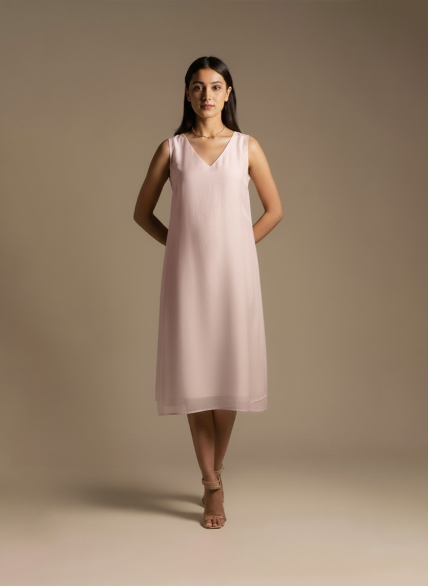 blush pink embroidered cotton midi dress front view on model – Ivory by Radhika