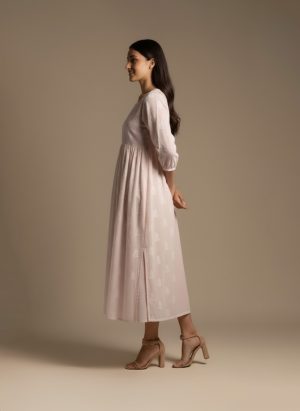 blush pink embroidered cotton midi dress front view on model – Ivory by Radhika