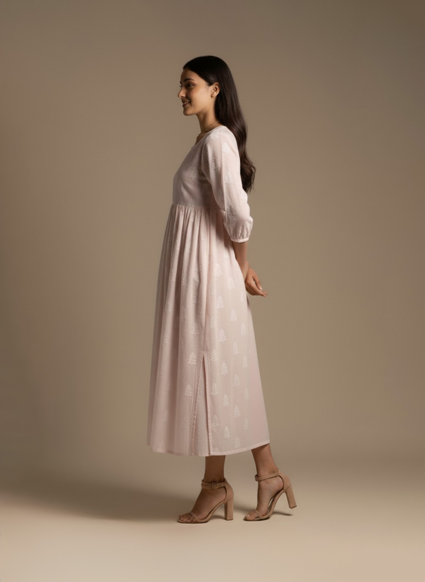 blush pink embroidered cotton midi dress front view on model – Ivory by Radhika