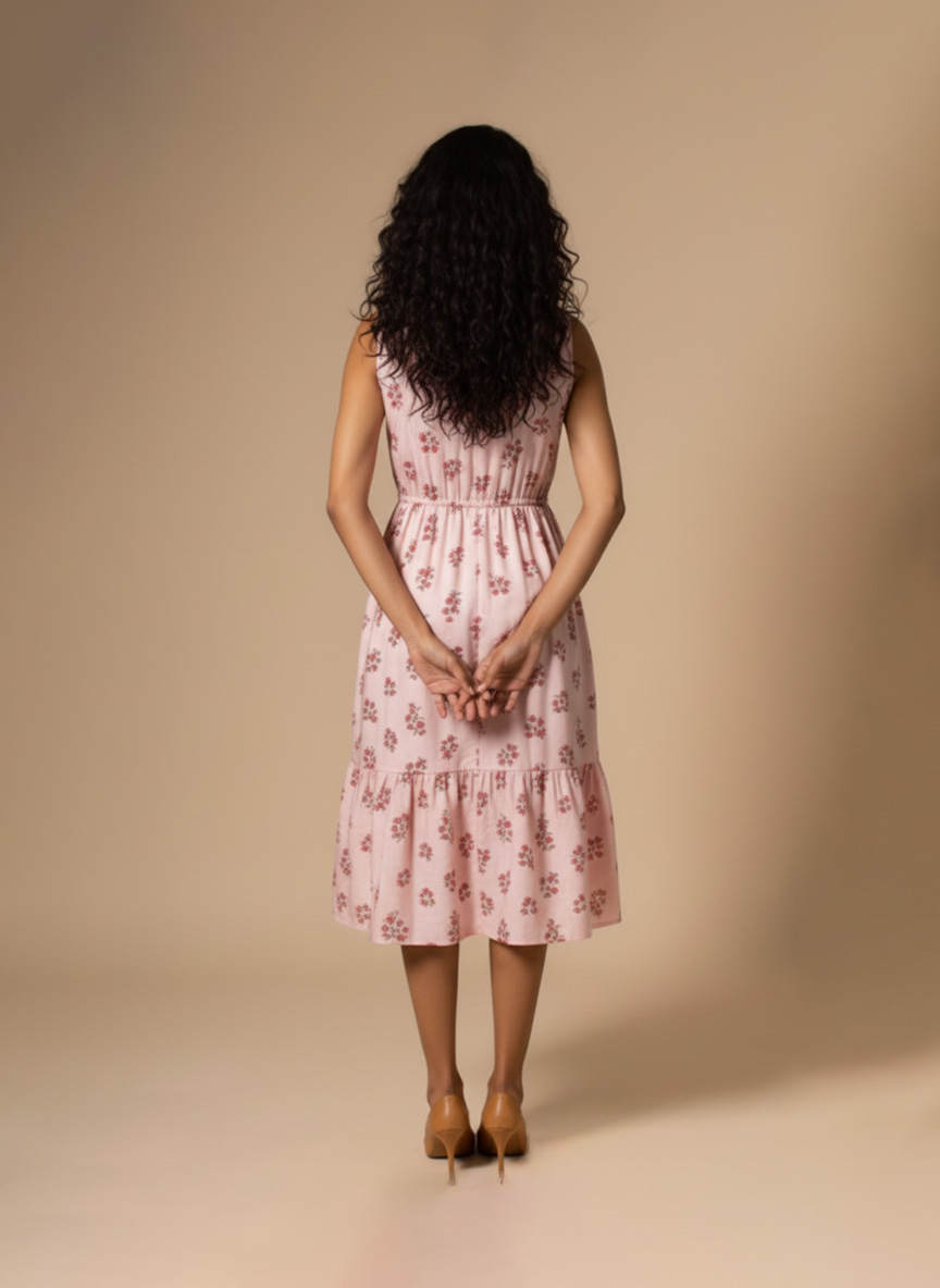 “Woman wearing a sleeveless pink cotton floral midi dress with a gathered waist and tiered hem, standing against a beige background.”