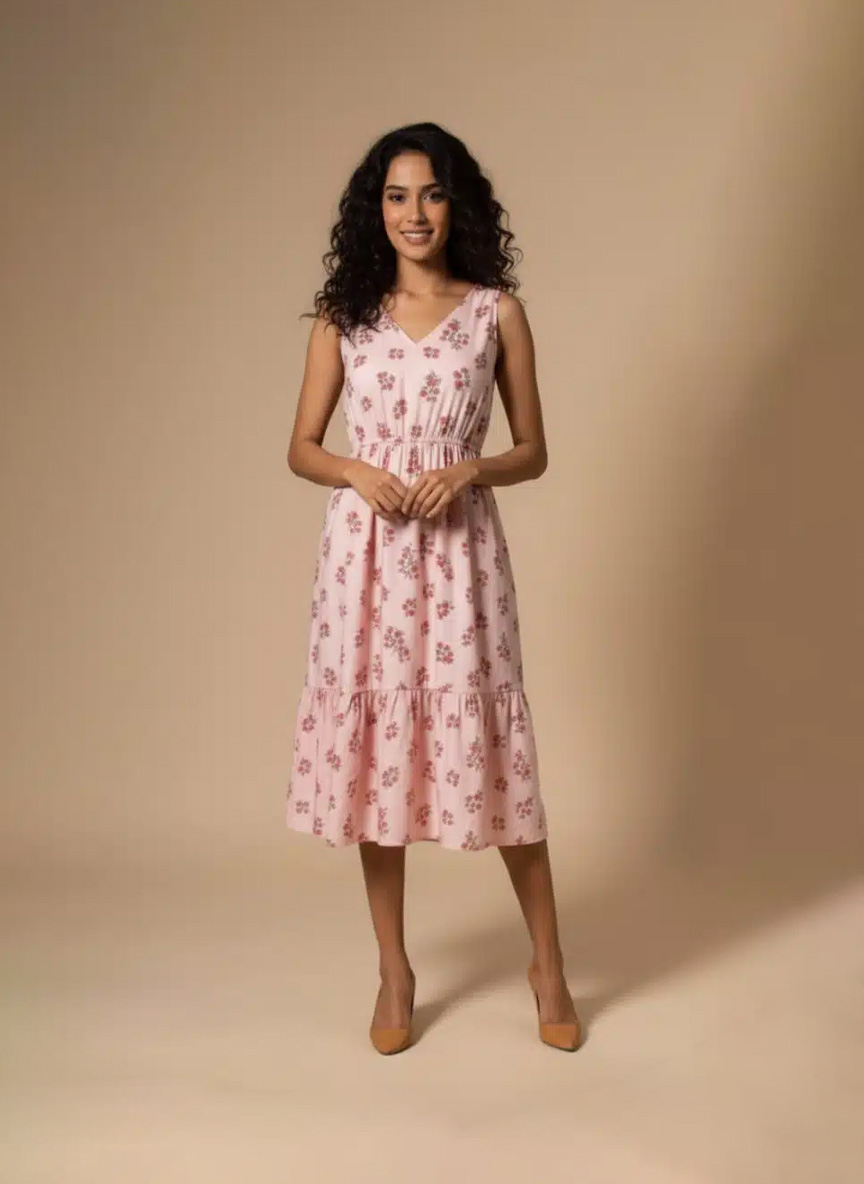 “Woman wearing a sleeveless pink cotton floral midi dress with a gathered waist and tiered hem, standing against a beige background.”
