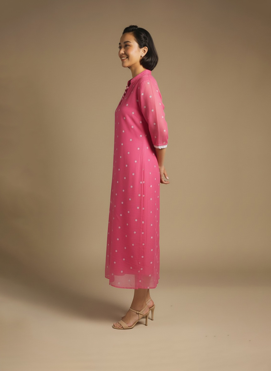 “Woman wearing a pink chikankari cotton kurta dress with white floral embroidery, V-notch neckline, and 3/4 sleeves standing against a beige background.”