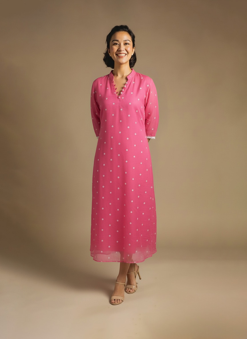 “Woman wearing a pink chikankari cotton kurta dress with white floral embroidery, V-notch neckline, and 3/4 sleeves standing against a beige background.”