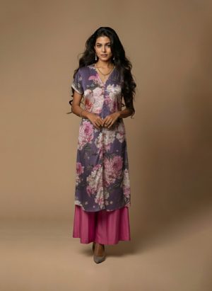 Purple floral kurta set for women – cotton co-ord with pink flower print and short-sleeved kurta by Ivory by Radhika.