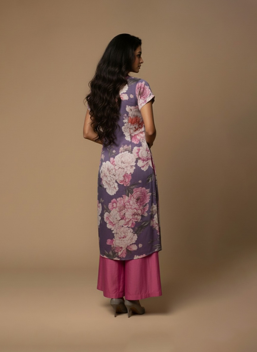 Purple floral kurta set for women – cotton co-ord with pink flower print and short-sleeved kurta by Ivory by Radhika.