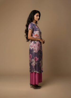 Purple floral kurta set for women – cotton co-ord with pink flower print and short-sleeved kurta by Ivory by Radhika.