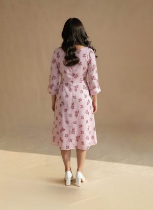 blush pink floral fit and flare dress front view on model – Ivory by Radhika