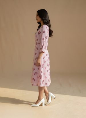 blush pink floral fit and flare dress front view on model – Ivory by Radhika