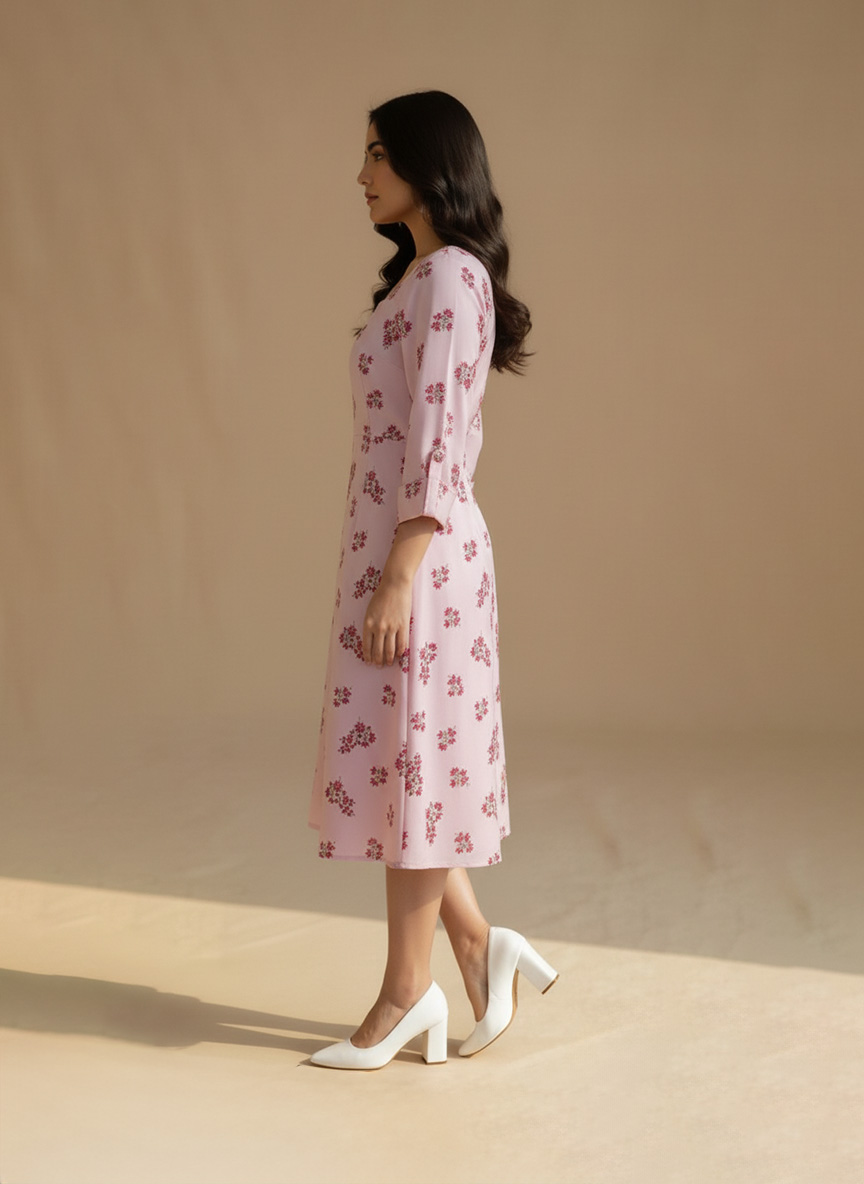 blush pink floral fit and flare dress front view on model – Ivory by Radhika