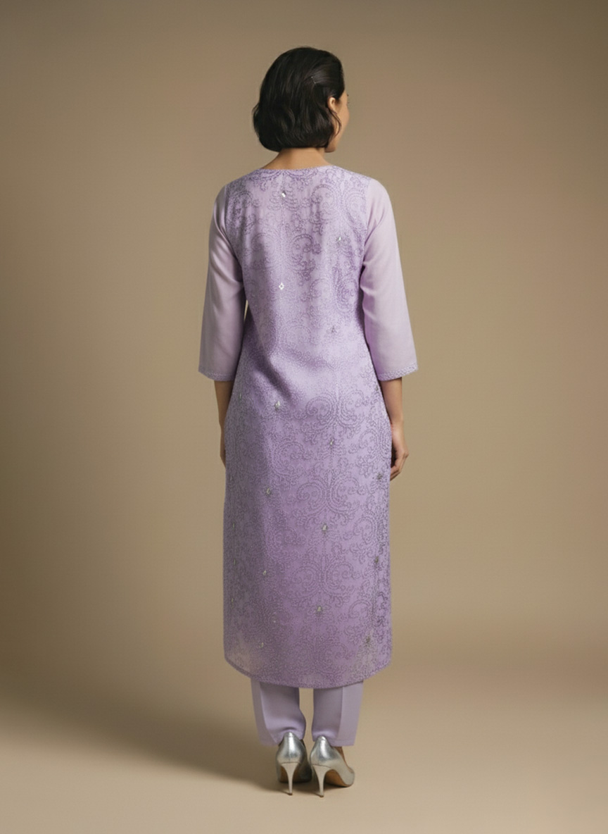 Woman standing and smiling, wearing a light lavender kurta with subtle patterns and matching pants.