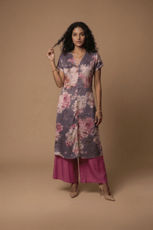 Purple floral modal kurta with pink floral print and matching crepe pants