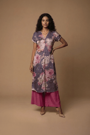 Purple floral modal kurta with pink floral print and matching crepe pants