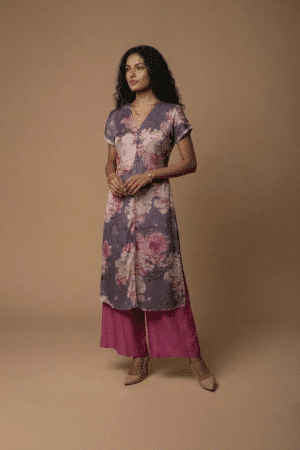 Purple floral modal kurta with pink floral print and matching crepe pants