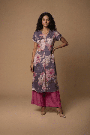 Purple floral modal kurta with pink floral print and matching crepe pants
