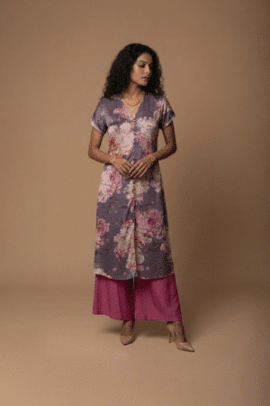 Purple floral modal kurta with pink floral print and matching crepe pants