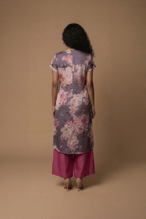 Purple floral modal kurta with pink floral print and matching crepe pants