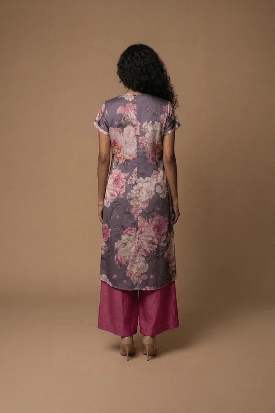 Purple floral modal kurta with pink floral print and matching crepe pants
