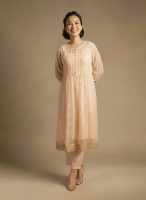 “Woman wearing a peach Kota embroidered kurta set with gold lace border and sheer full sleeves, standing against a beige background.”