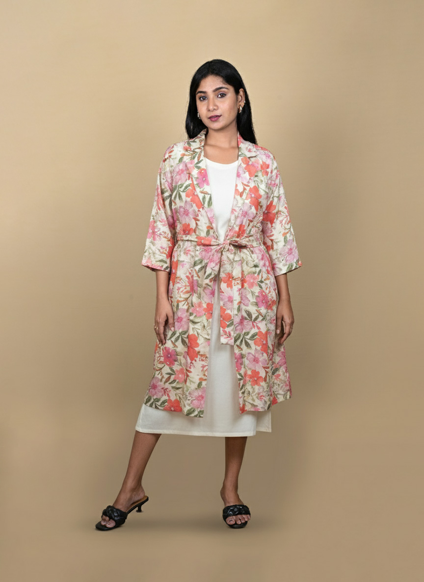 "Full view of a woman wearing a floral printed tie-waist long shrug layered over a white midi dress, posing against a beige background"