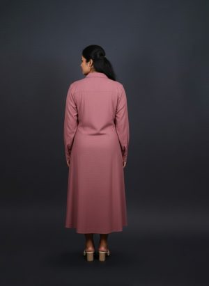 Pink button down shirt dress for women, long sleeves, front view, neutral background.