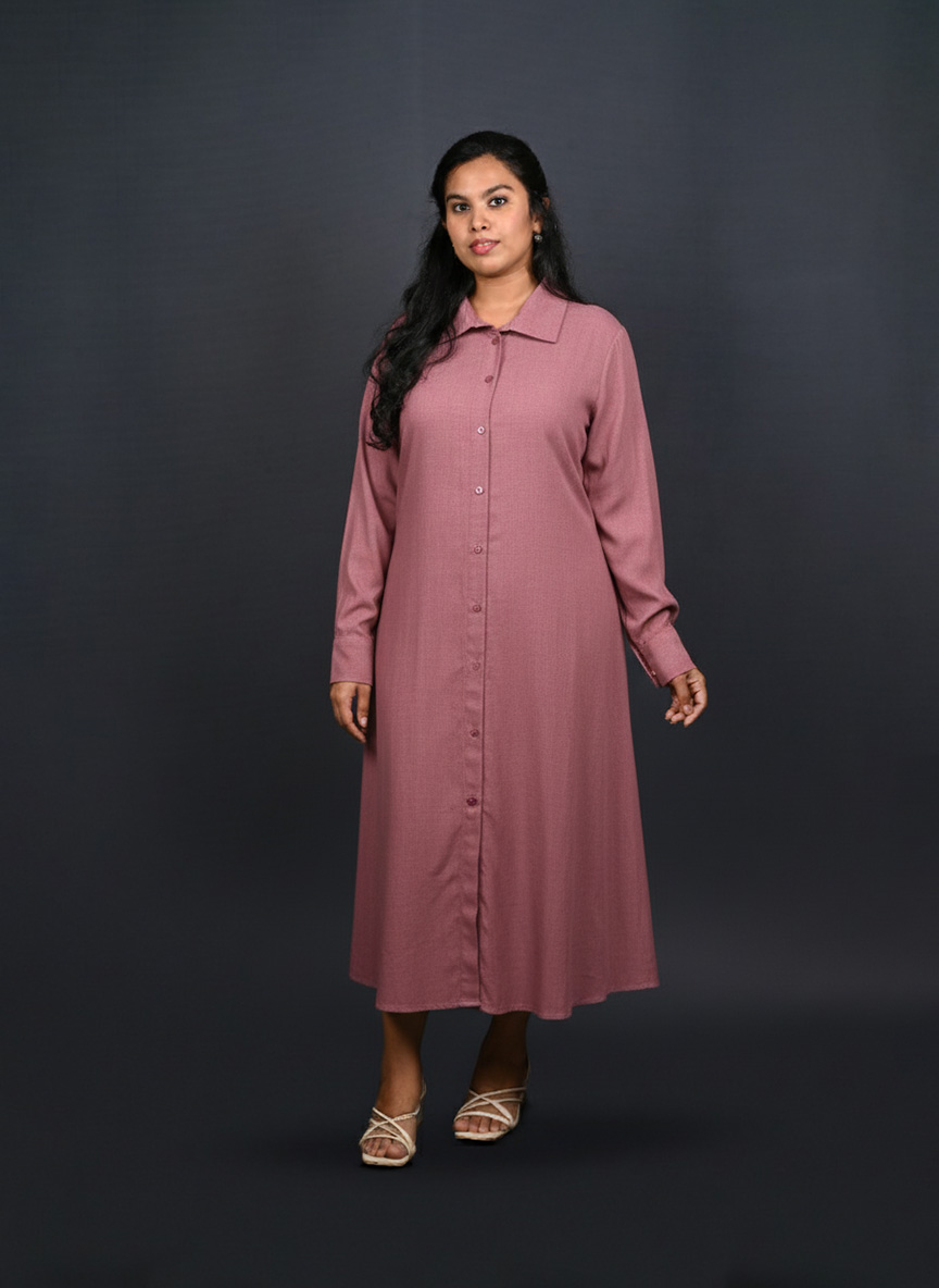 Pink button down shirt dress for women, long sleeves, front view, neutral background.