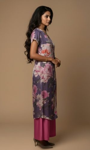 Purple floral kurta set for women – cotton co-ord with pink flower print and short-sleeved kurta by Ivory by Radhika.
