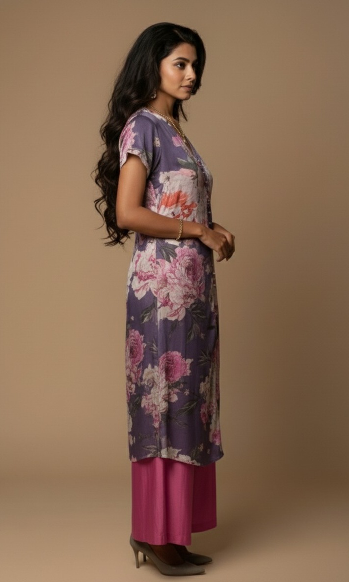 Purple floral kurta set for women – cotton co-ord with pink flower print and short-sleeved kurta by Ivory by Radhika.