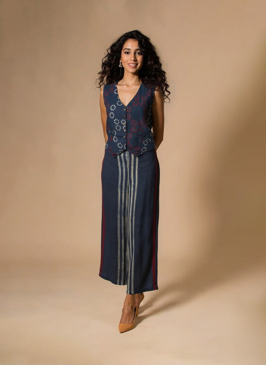 Model wearing an Indigo Handloom Co-ord Set featuring a sleeveless floral-printed vest and striped long skirt, handcrafted in cotton from Ivory by Radhika.