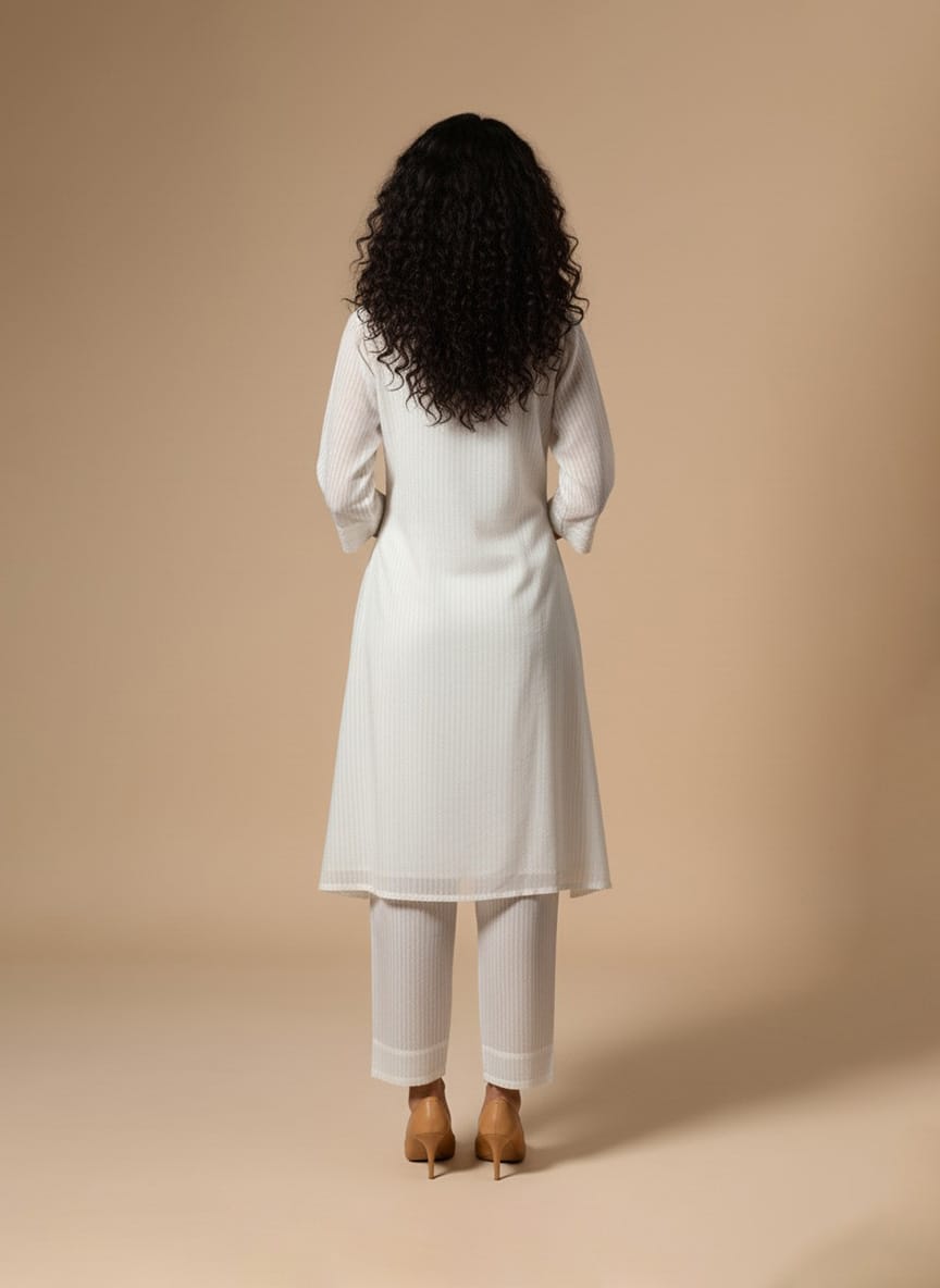 white textured cotton kurta set front view on model – Ivory by Radhika