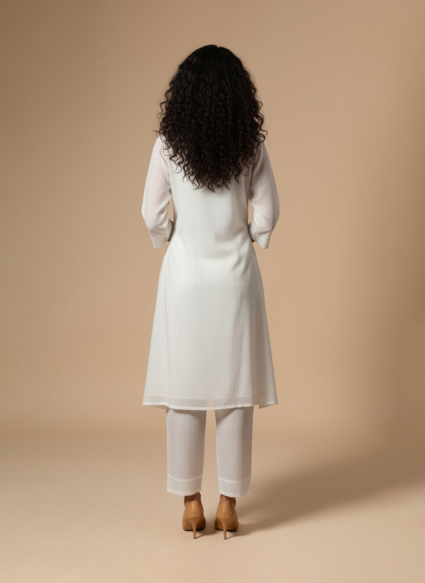 white textured cotton kurta set front view on model – Ivory by Radhika