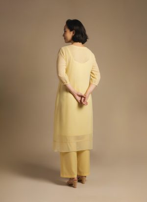 “Woman wearing a soft yellow knee-length dress with sheer long sleeves, subtle embroidery, and a relaxed fit, standing against a beige background and smiling.”