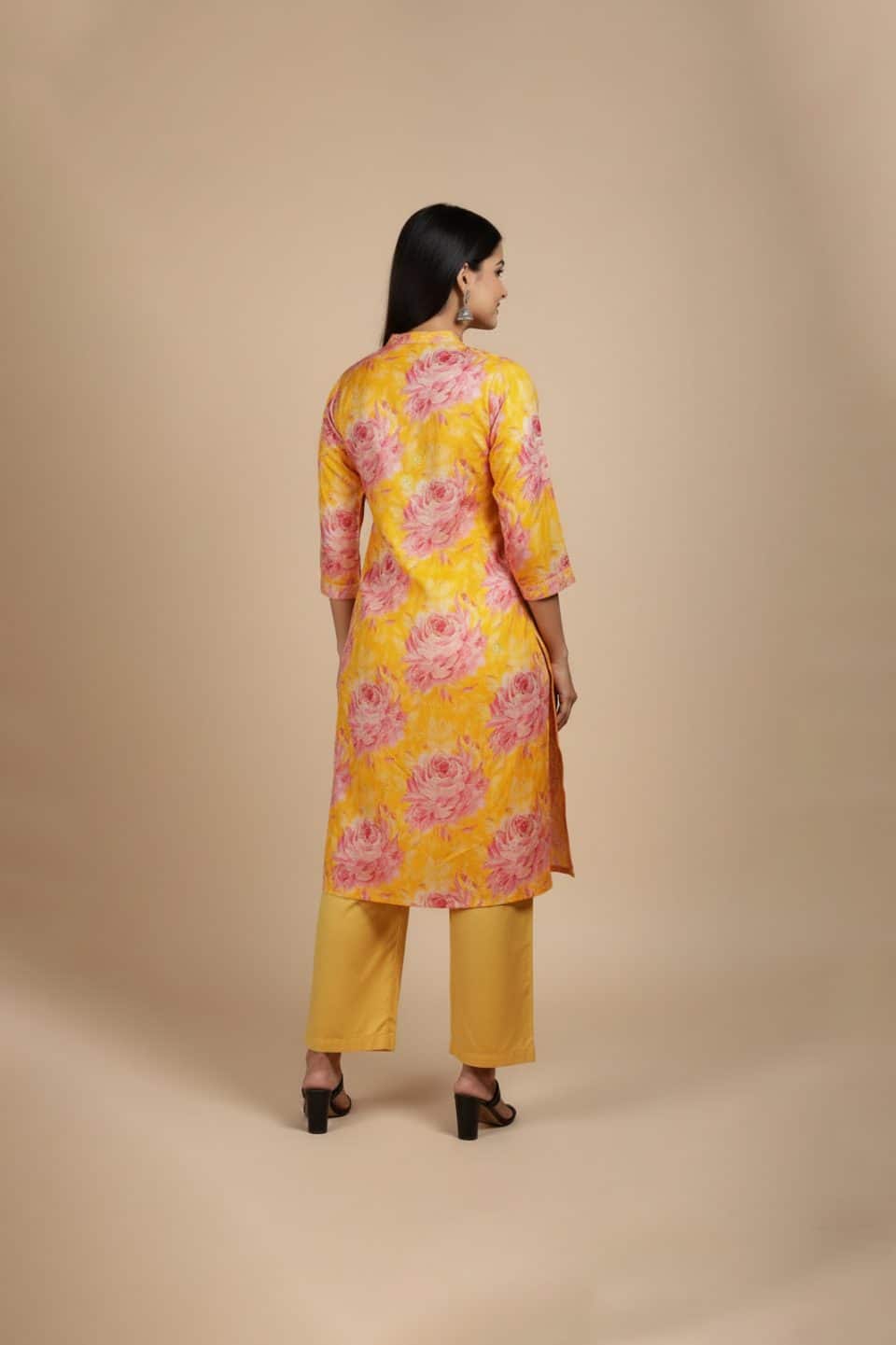 yellow floral kurta for women with pink rose prints and mandarin collar
