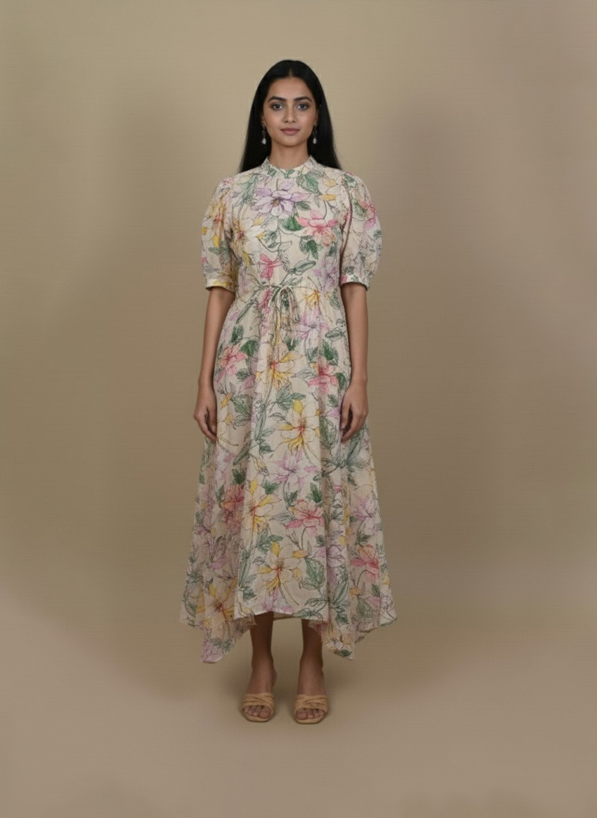 Back view of floral high low dress with flowy high low hem.