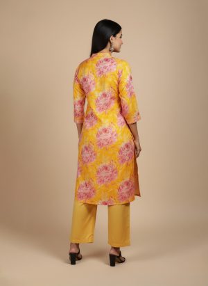 yellow floral kurta for women with pink rose prints and mandarin collar