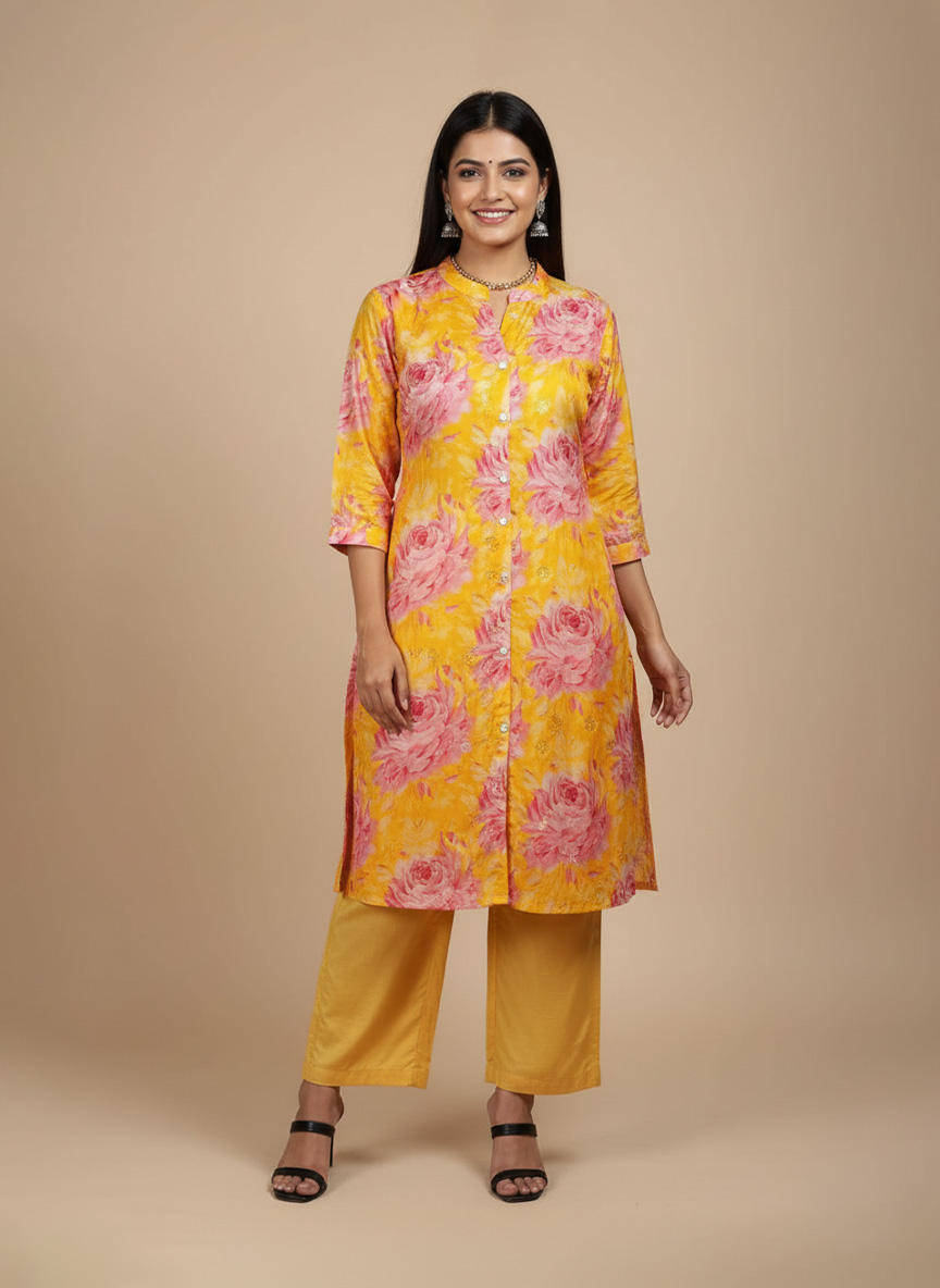 yellow floral kurta for women with pink rose prints and mandarin collar